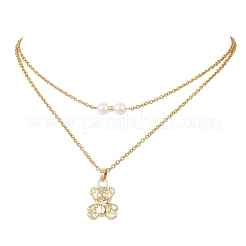 Двухслойные ожерелья из нержавеющей стали 304 с подвеской в виде медведя из сплава и белого круга для женщин&nbsp;NJEW-JN05758-01