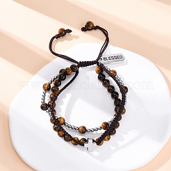 Регулируемые браслеты из плетеных бусин из натурального тигрового глаза и гематита BJEW-U035-01B
