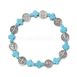 Браслеты из крашеной синтетической бирюзы и сплава с плоскими круглыми бусинами для мужчин и женщин&nbsp;BJEW-JB12282-01