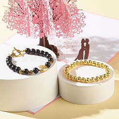 Натуральный лавовый камень и синтетический черный камень круглые бусины энергетические эластичные браслеты&nbsp;BJEW-JB06969