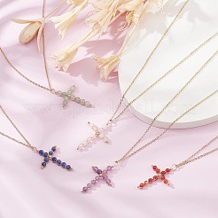 Колье с подвеской в виде креста из бисера из натуральных смешанных драгоценных камней NJEW-JN04357