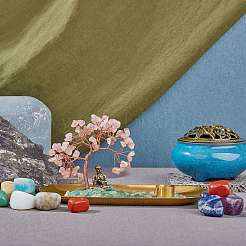 Натуральный розовый кварц с крошкой зеленого авантюрина с латунным держателем для курильницы&nbsp;DJEW-G027-19RG-03