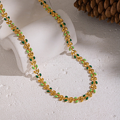 Женские цепочки из нержавеющей стали 304 с эмалированными зелеными звеньями в виде листьев.&nbsp;OR8327