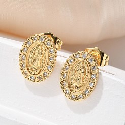 Овальные серьги-гвоздики с изображением Девы Марии из латуни с микропаве из прозрачных кубических цирконий&nbsp;EJEW-D305-10G