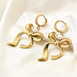 Серьги-кольца с бантом из пластика 304 из нержавеющей стали с имитацией жемчуга для женщин EJEW-U068-03G