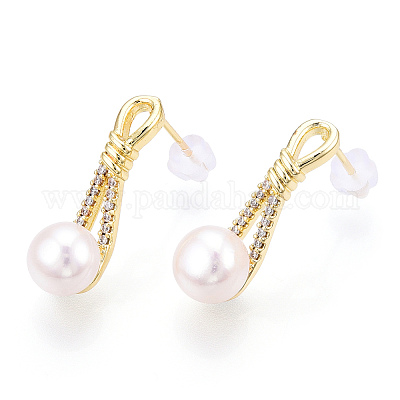 Серьги-гвоздики из натурального жемчуга с микропаве фианитами PEAR-N022-B01-1