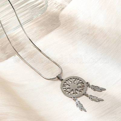 Ожерелья из плетеной сетки/сетки с подвесками из перьев Bohemian 201 из нержавеющей стали NJEW-P327-07P-A-1