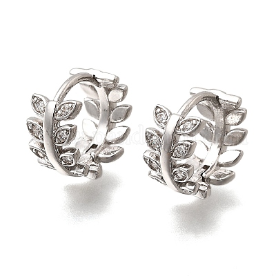 Серьги-кольца в форме листа с микропаве из прозрачных кубических цирконий из латуни EJEW-P322-15P-1