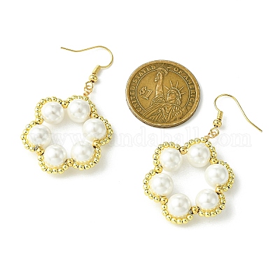 Серьги с подвесками из немагнитного синтетического гематита и жемчуга в форме цветка EJEW-JE05773-1