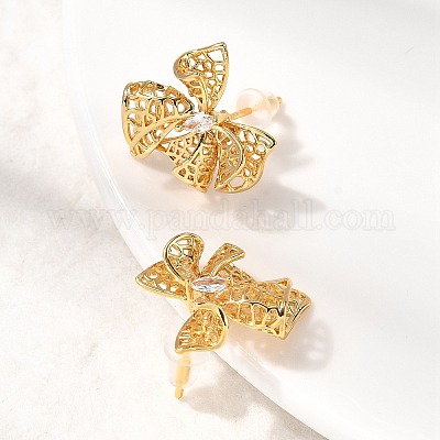 Серьги-гвоздики из латуни с микропаве и бантиком из циркония EJEW-B148-07A-G-1