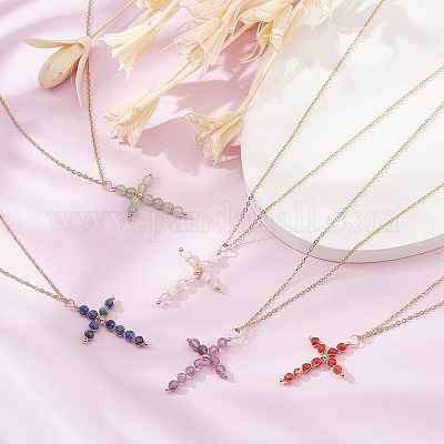 Колье с подвеской в виде креста из бисера из натуральных смешанных драгоценных камней NJEW-JN04357-1