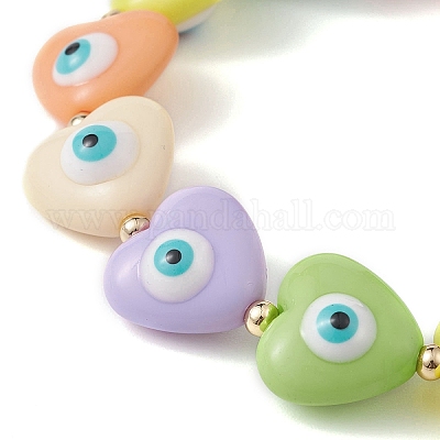 Эластичные браслеты из смолы в форме сердца со сглазом и бисером BJEW-JB09459-1