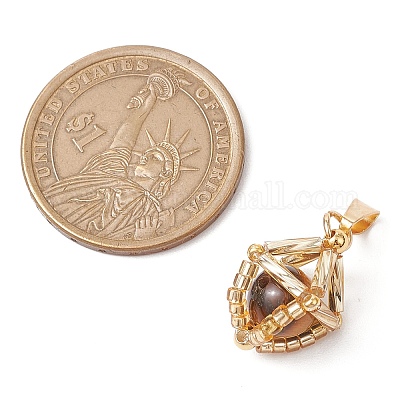 Подвески из натурального тигрового глаза и стеклянных бусин ручной работы круглой формы PALLOY-MZ00470-01-1