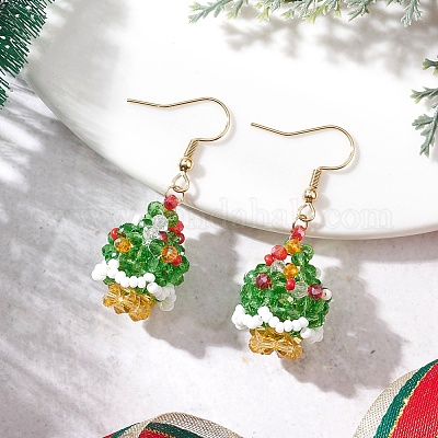 Серьги-подвески из стеклянных бусин в виде рождественской елки EJEW-MZ00614-1