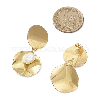 Серьги-гвоздики с круглыми плоскими подвесками из нержавеющей стали 201 с жемчугом-ракушкой EJEW-JE06751-01-1