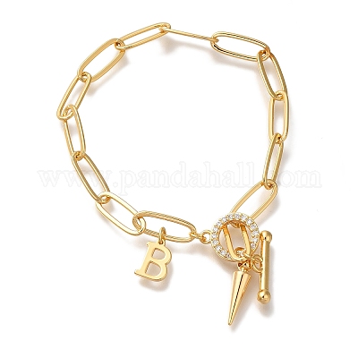 Буква b латунные микропаве прозрачные кубические цирконии кабельные цепные браслеты для женщин BJEW-L696-112G-1