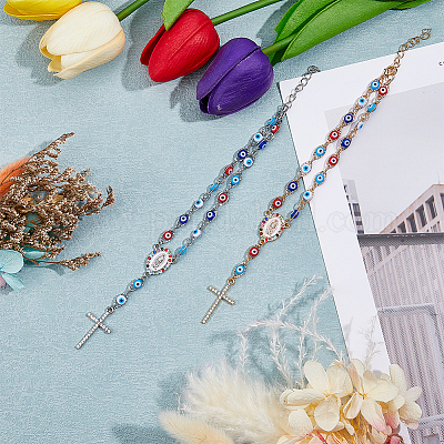 2 шт. двухцветный браслет-подвеска в виде креста из сплава со стразами и разноцветными цепочками из смоляных бусин от сглаза BJEW-DC0001-07-1