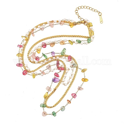 Женские однослойные ожерелья из нержавеющей стали 304 с разноцветной крошкой натурального камня и искусственным жемчугом NJEW-Z061-07G-1