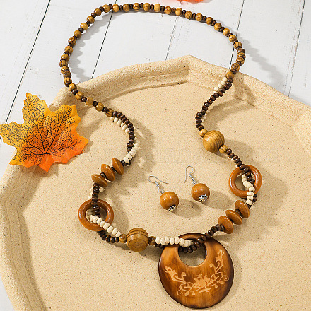Комплекты из деревянных бусин с подвесками и серьгами WGE2FFC-03-1