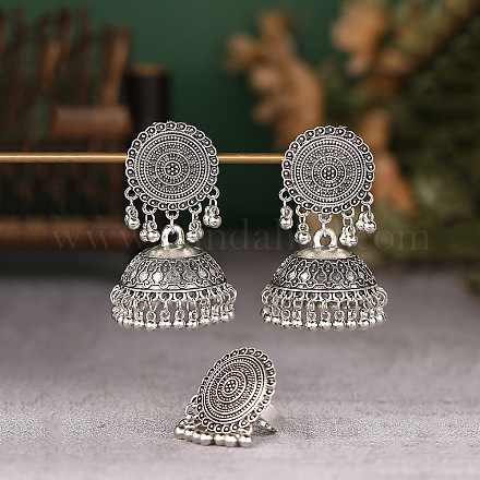 Комплект из плоских круглых и колокольчатых сережек-гвоздиков и колец в этническом стиле из сплава FS-WG67497-01-1
