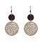 Iron Wood Dangle Earrings, with Imitation Leather, Golden, Flat Round, 80x40mm