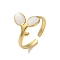 Real 18K Gold Plated 304 Stainless Steel Enamel Cuff Rings, Leaf, White, Adjustable