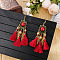 Alloy Round Chandelier Earrings, with Glass Beads and Tassel, Golden, Red, 102x32mm