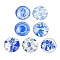 Blue and White Floral Printed Glass Cabochons, Half Round/Dome, Steel Blue, 30x7mm