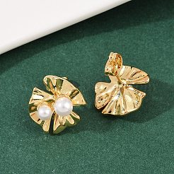 Серьги-гвоздики с цветком из латунного АБС-пластика EJEW-L275-12G-02
