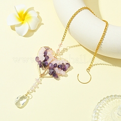 Подвеска в форме сердца из натурального розового кварца и аметиста с проволочной обмоткой и деревом HJEW-FS00019