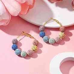 Круглые серьги-кольца из окрашенного натурального лавового камня и бисера EJEW-JE05588