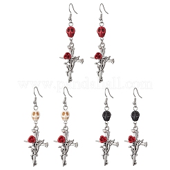 3 пара двухцветных сережек-подвесок из сплава синтетической бирюзы с цветочным узором на Хэллоуин EJEW-JE06484
