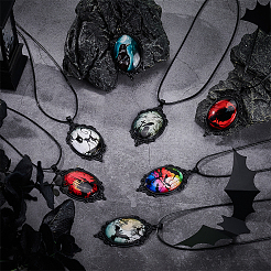 12 шт. 12-цветный готический овальный кулон из цинкового сплава и стекла на шнуре из черной искусственной кожи&nbsp;NJEW-WR0001-08