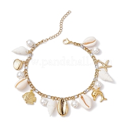 Браслеты на ногу с подвесками в виде дельфина и морской звезды из натуральной ракушки каури и латуни AJEW-AN00650