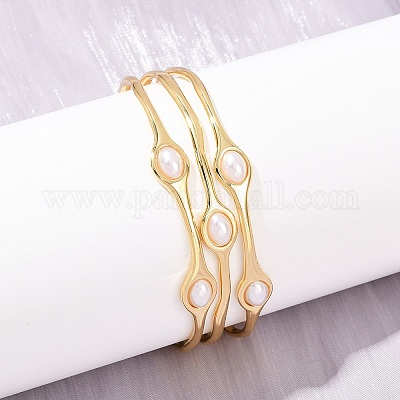 Женские браслеты-манжеты с 22 рядами из латуни и АБС-пластика толщиной 3 мм BJEW-L707-01G-1