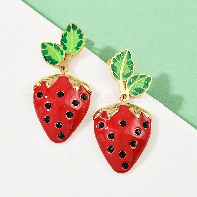 Висячие серьги-гвоздики из нержавеющей стали 304 с эмалированными вставками в виде клубники EJEW-A138-10G-01-1