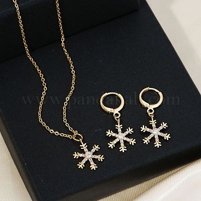 Элегантные серьги-кольца и ожерелья с подвесками из латуни с микропаве из прозрачных кубических цирконий в форме снежинки для женщин ET8021-1-1
