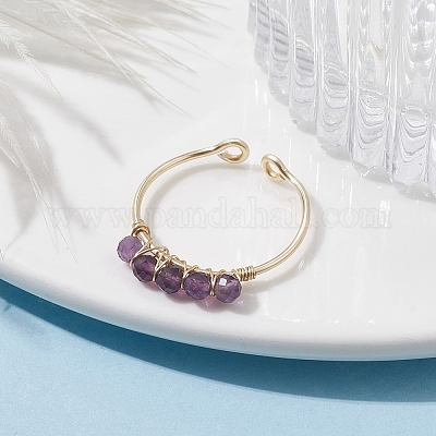 Открытое кольцо из медной проволоки с натуральным драгоценным камнем RJEW-JR00630-1