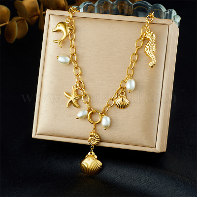 Женские ожерелья с подвесками в форме ракушки дельфина из нержавеющей стали 304 и пластика с жемчугом NJEW-G180-02G-1