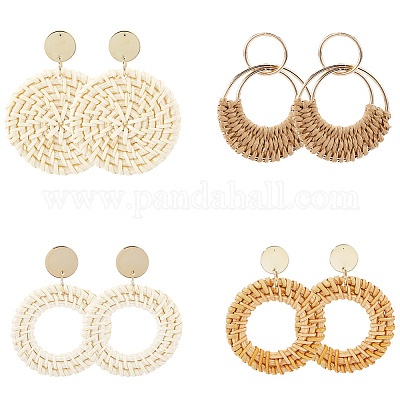 4 пара сережек-гвоздиков из ротанга в 4 стилях EJEW-SP0001-16D-1