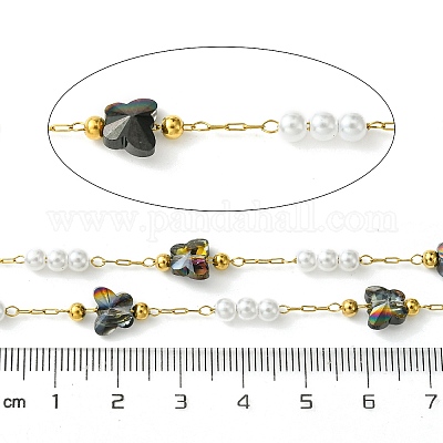 10 м ионное покрытие (IP) 304 нержавеющая сталь и АБС-пластик жемчужные бусины и стеклянные звенья-бабочки CHS-G035-04G-01-1