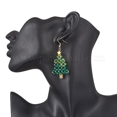 Новогодняя елка ручной работы стеклянные бусины серьги-подвески EJEW-MZ00489-1