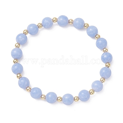 Браслеты из натуральных окрашенных синих кружевных бусин агата и латунных круглых бусин для женщин BJEW-JB12705-1