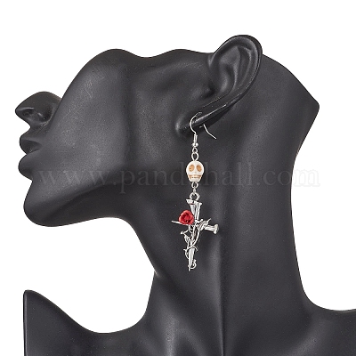 3 пара двухцветных сережек-подвесок из сплава синтетической бирюзы с цветочным узором на Хэллоуин EJEW-JE06484-1