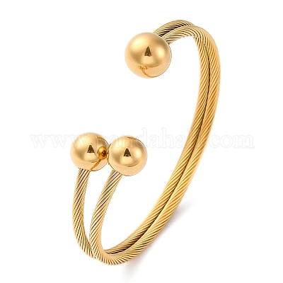 Женские браслеты-манжеты с круглыми шариками из нержавеющей стали 304 BJEW-P310-05G-1