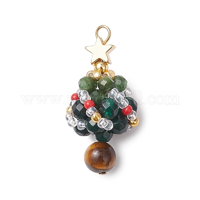 Подвески в виде елки из натурального оникса круглой формы (окрашенного и нагретого) и фуксита и стеклянных бусин PALLOY-MZ00806-1