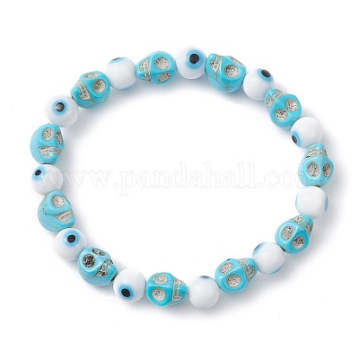 Браслеты из синтетического бирюзового черепа и лэмпворка с круглыми бусинами для женщин и мужчин в стиле Хэллоуина BJEW-JB12268-02-1