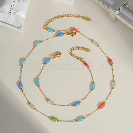 Наборы браслетов и ожерелий из прямоугольной цепочки из нержавеющей стали и стекла для женщин HD8734-1-1