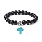 Synthetic Black Stone Round Beaded Stretch Bracelet, with Synthetic Turquoise Cross Charms, Turquoise, Inner Diameter: 2-1/8 inch(5.5cm)