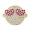 Rack Plating Brass Micro Pave Clear Cubic Zirconia Flat Round Connector Charms, Funny Heart Face Links, Real 18K Gold Plated, Long-Lasting Plated, Fuchsia, 18x22x3mm, Hole: 1.2mm